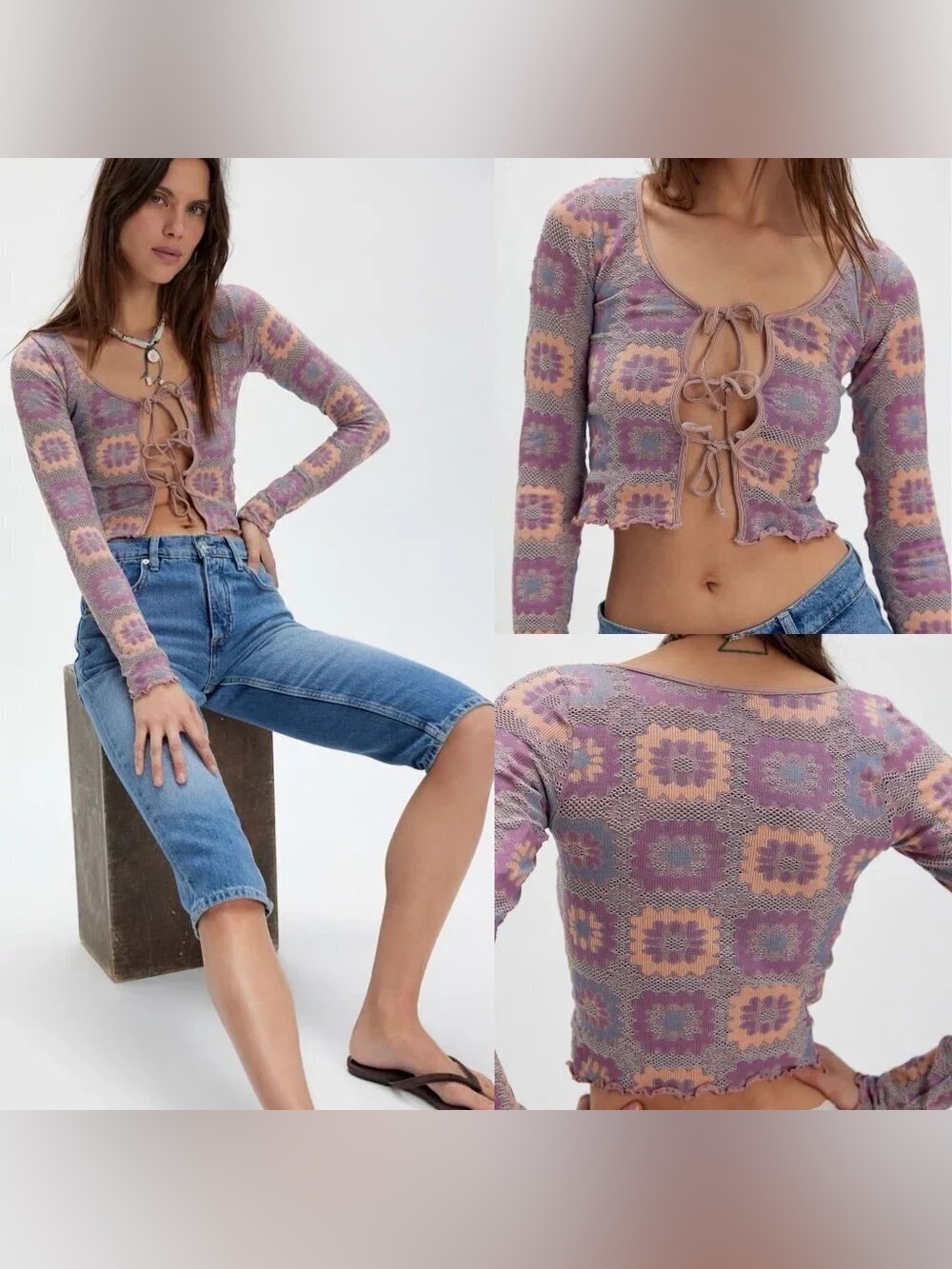 Free People Crochet Tie-Front Long Sleeve Crop Top in Lavender and Peach